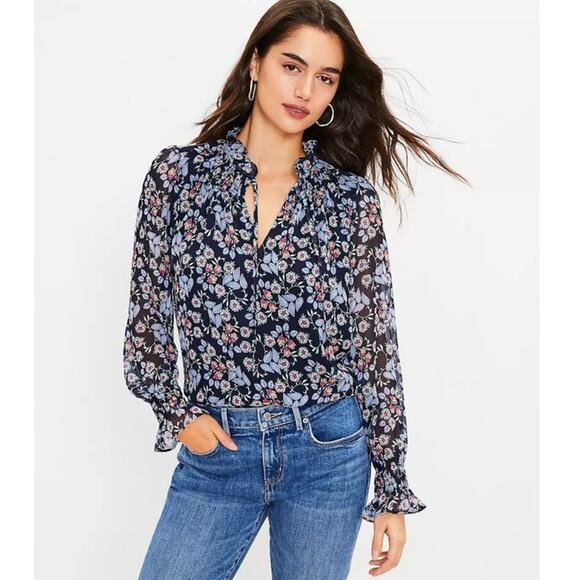 Loft Floral Blue Smocked Ruffle Tie Neck Blouse Size L Petite - Picture 9 of 9